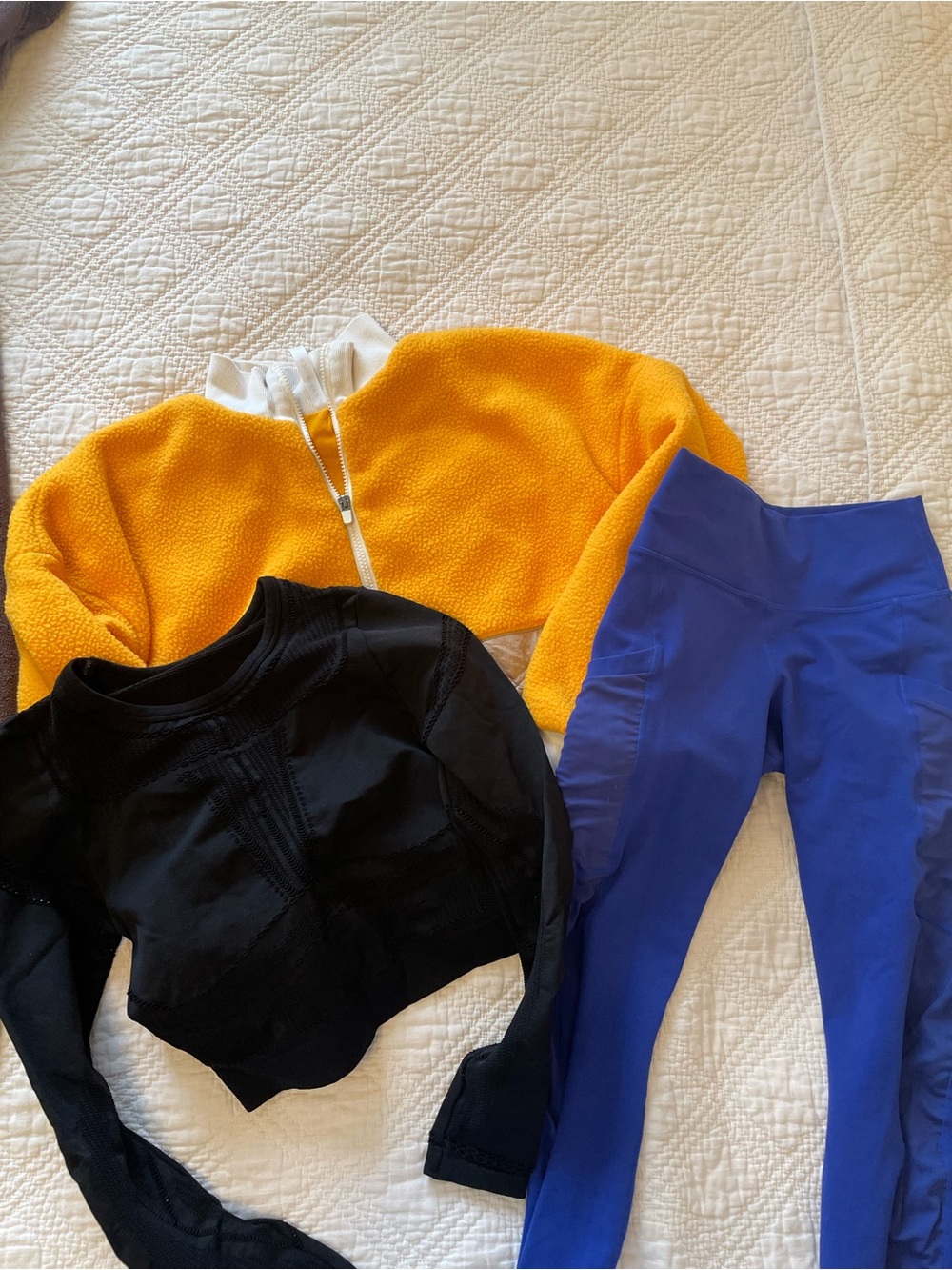 Fabletics Bundle Cropped Yellow sweater, blue leggings and black top